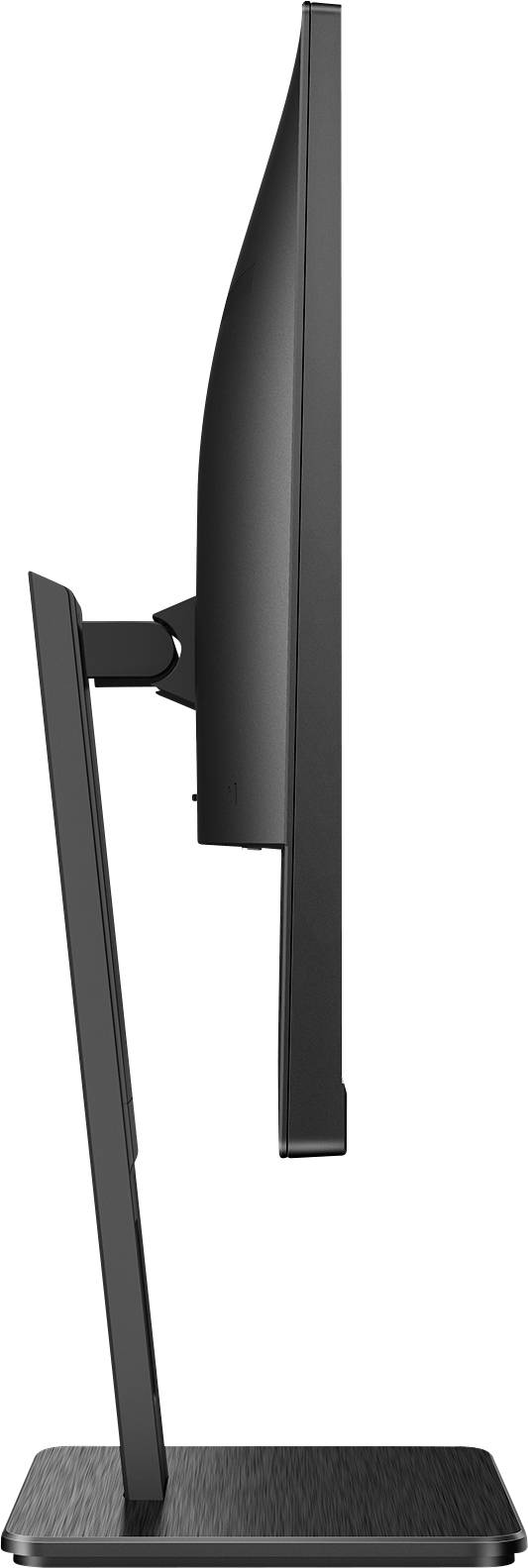 Un moniteur d'ordinateur noir de profil, montrant sa conception élégante et son support réglable.