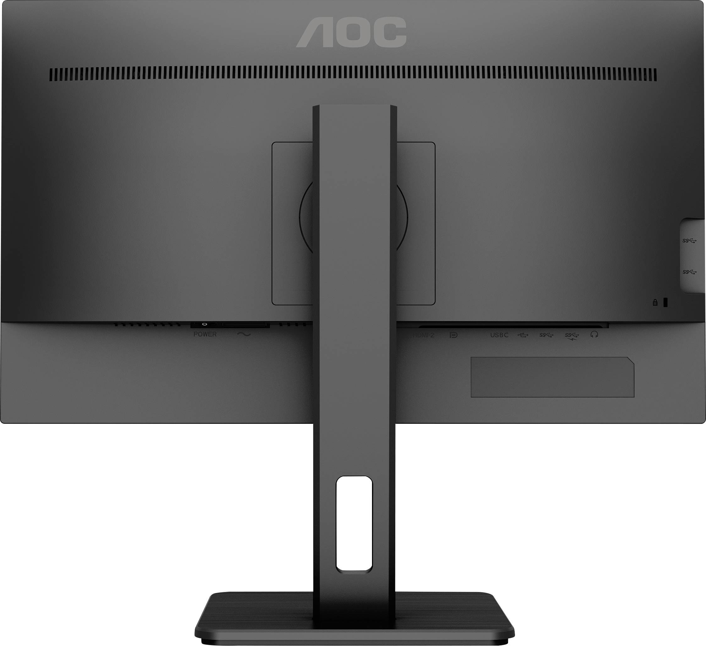 Un écran d'ordinateur vu de dos, de marque AOC, avec un socle rectangulaire et un cadre noir.