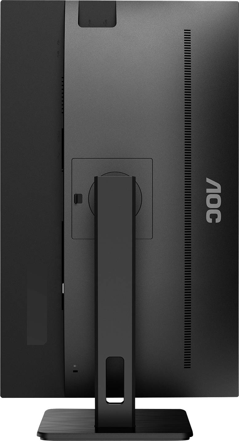 Vue arrière d'un écran d'ordinateur noir avec socle. Des fentes d'aération sont visibles à gauche et à droite, avec le logo de la marque en haut à droite.