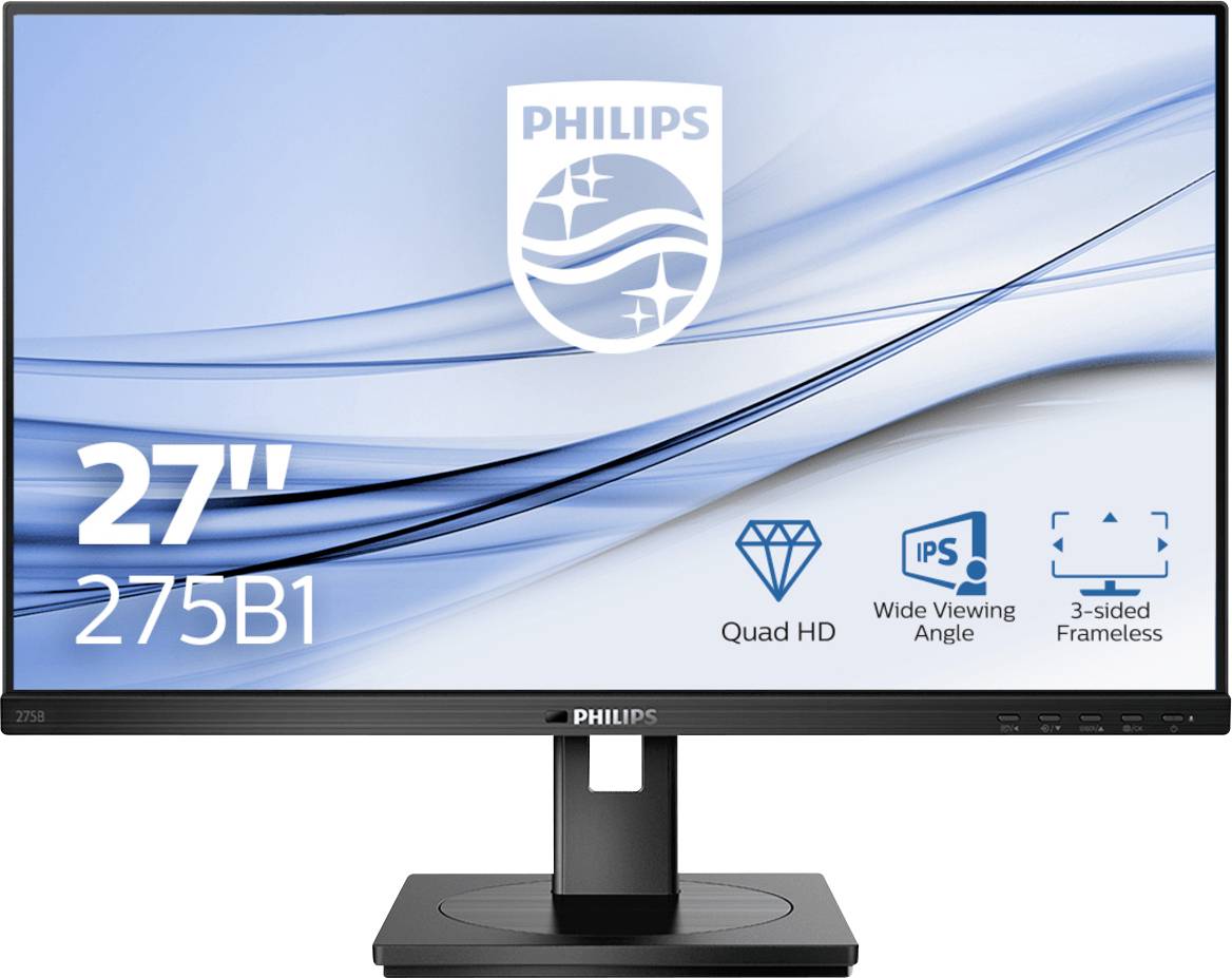 Un moniteur Philips de 27 pouces de diagonale d'écran. Caractéristiques : Quad HD, large angle de vision, sans bordure sur trois côtés. Modèle 275B1.