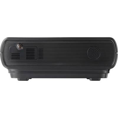 Un projecteur noir compact, vue de face, montrant l'objectif et l'ouverture de ventilation. Idéal pour un environnement de bureau ou de home cinéma.