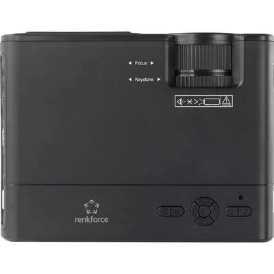 Un projecteur portable noir de la marque renkforce avec réglage de la mise au point et correction trapézoïdale.