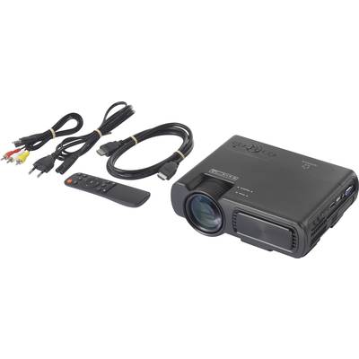 Un projecteur noir avec télécommande et plusieurs câbles : HDMI, AV et câble d'alimentation. Adapté pour le home cinéma ou les présentations.