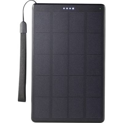 Banque d'alimentation solaire portable noir avec des indicateurs LED en haut, montrant le niveau de charge. Elle dispose d'une sangle de transport pratique sur le côté gauche.