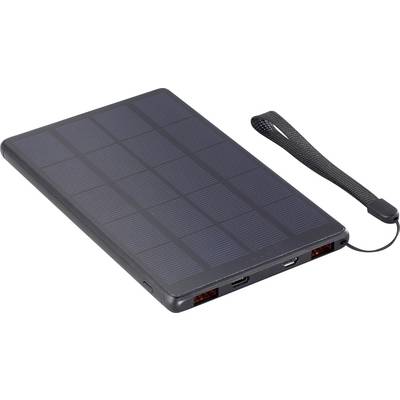 Chargeur solaire portable avec deux ports USB et une dragonne noire. Idéal pour recharger vos appareils en déplacement.