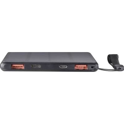 Powerbank avec plusieurs ports : deux ports USB-A en rouge, deux ports USB-C en noir et un port Micro-USB.