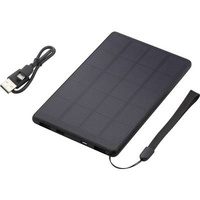 Batterie externe solaire avec un câble USB et une dragonne.