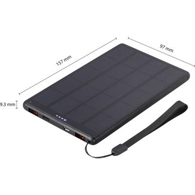 Batterie externe plate et portable avec cellules solaires, dimensions 157 x 97 x 9,3 mm, et une dragonne de transport.