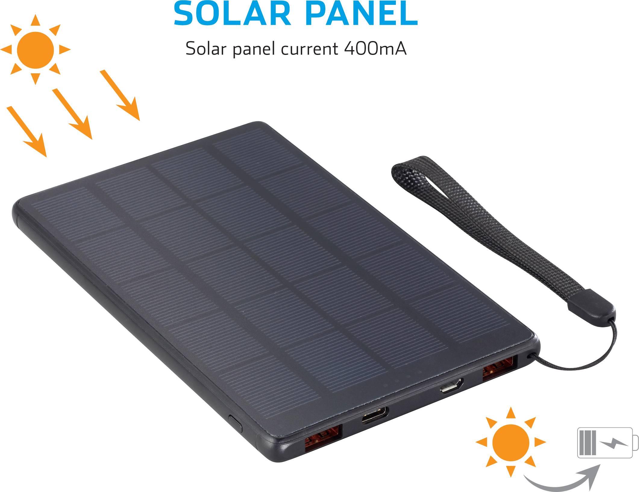 Panneau solaire portable avec une intensité de courant de 400 mA et deux ports de charge. Des flèches pointent vers le panneau pour symboliser l'énergie solaire.