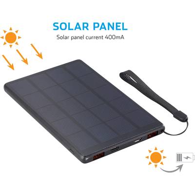 Panneau solaire portable avec une intensité de courant de 400 mA et deux ports de charge. Des flèches pointent vers le panneau pour symboliser l'énergie solaire.