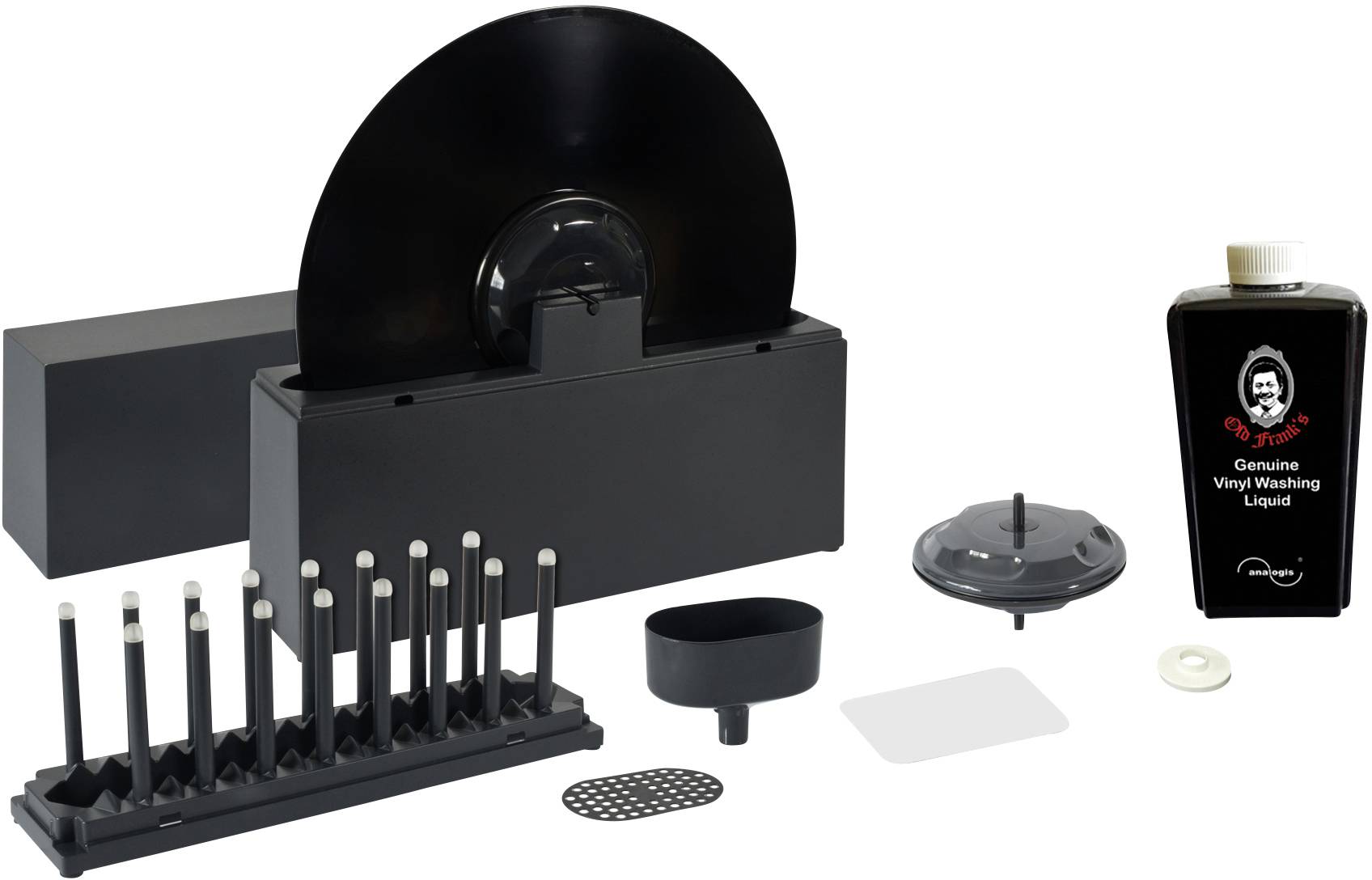 Kit de nettoyage pour disques vinyles comprenant une machine à laver, un liquide de nettoyage et des accessoires pour l'entretien des disques vinyles.