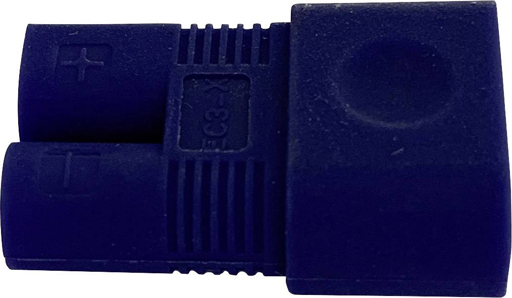 Un connecteur de batterie EC3 bleu à deux contacts, positif ('+') et négatif ('-'), pour véhicules modèles radiocommandés.