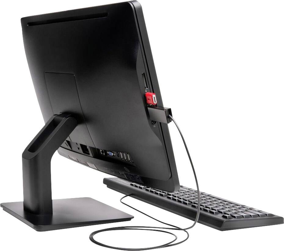 Un moniteur noir avec un support intégré, vu de dos. Un clavier et une clé USB connectée sont visibles.