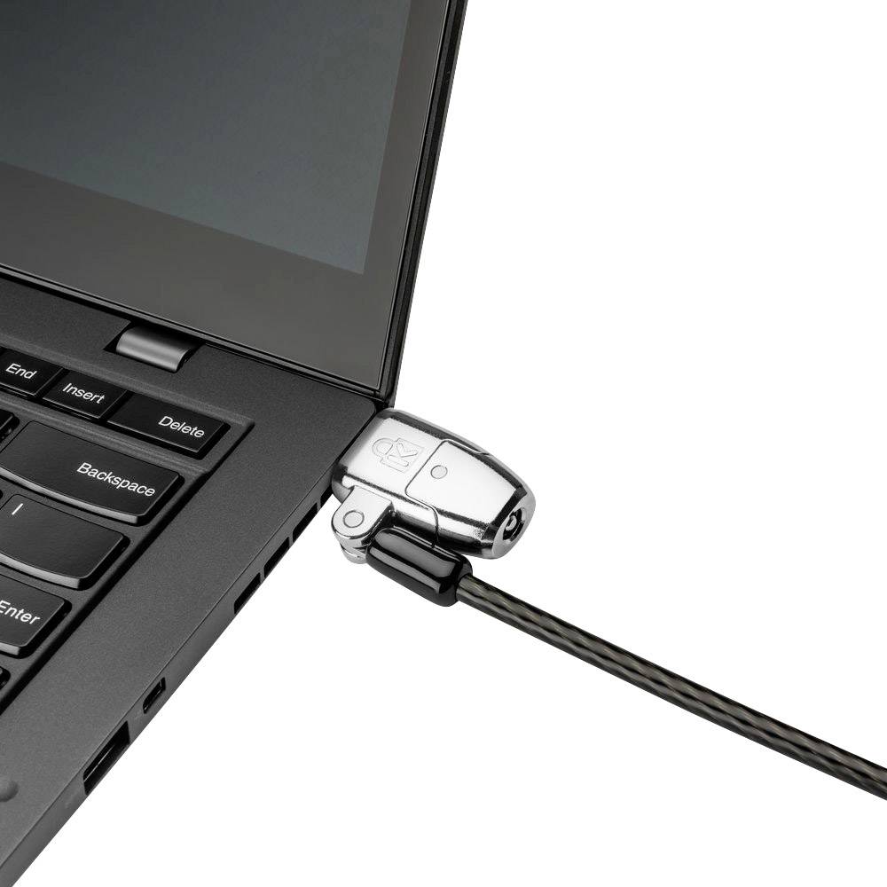 Un ordinateur portable est sécurisé par un verrou de sécurité fixé à un câble. L'accent est mis sur la connexion du verrou.