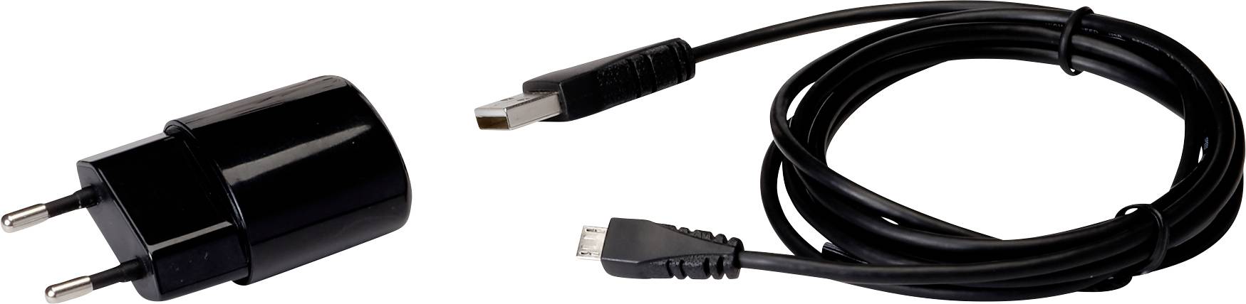 Bloc d'alimentation noir avec fiche européenne et câble USB, adapté pour charger des appareils électroniques.