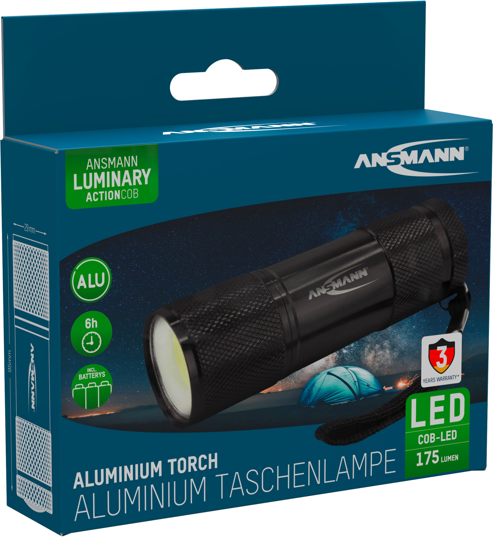 Emballage d'une lampe de poche portant l'inscription 'Lampe de poche en aluminium', 'LED', '175 Lumens' et 'Ansmann'. Image d'un paysage de camping.