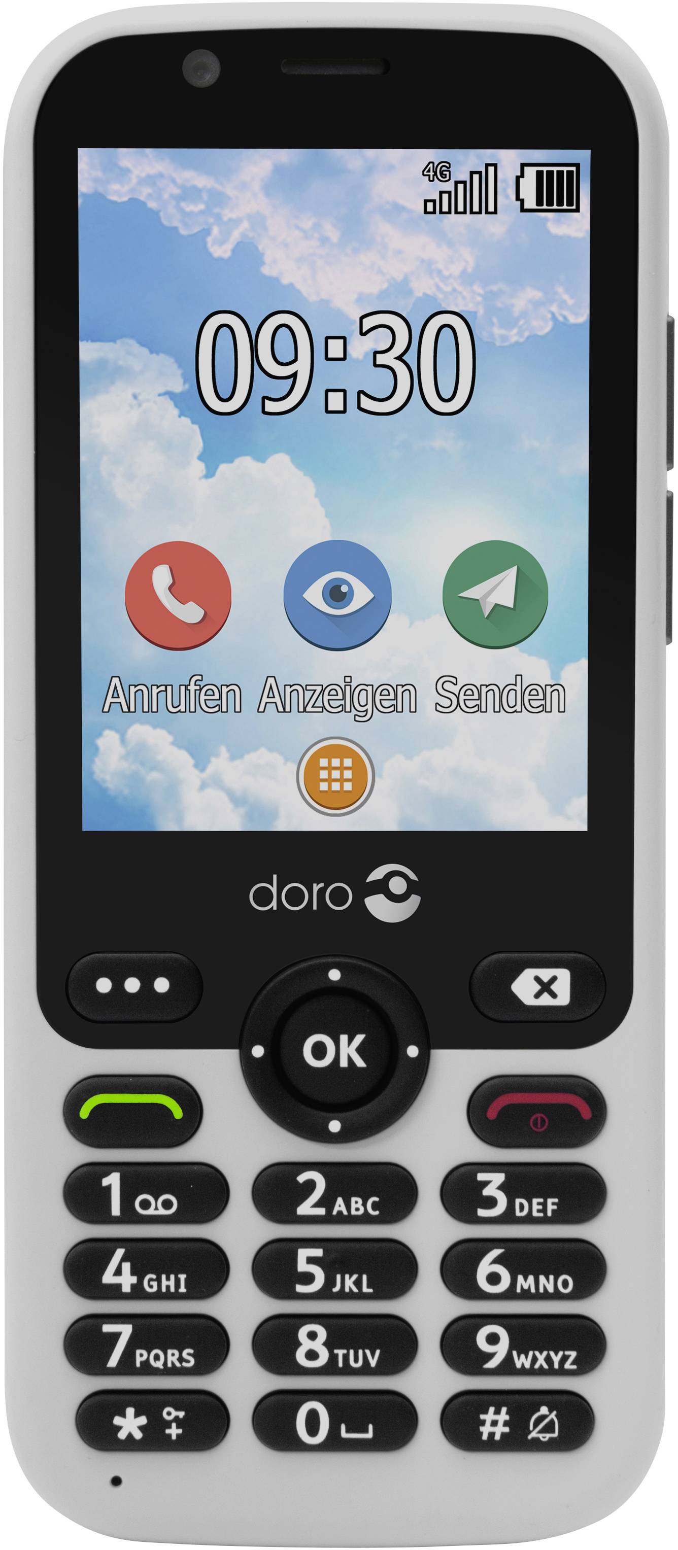 Téléphone portable pour seniors avec grand écran affichant '09:30' et des icônes d'applications pour 'Appeler', 'Afficher', 'Envoyer' sur un fond nuageux.