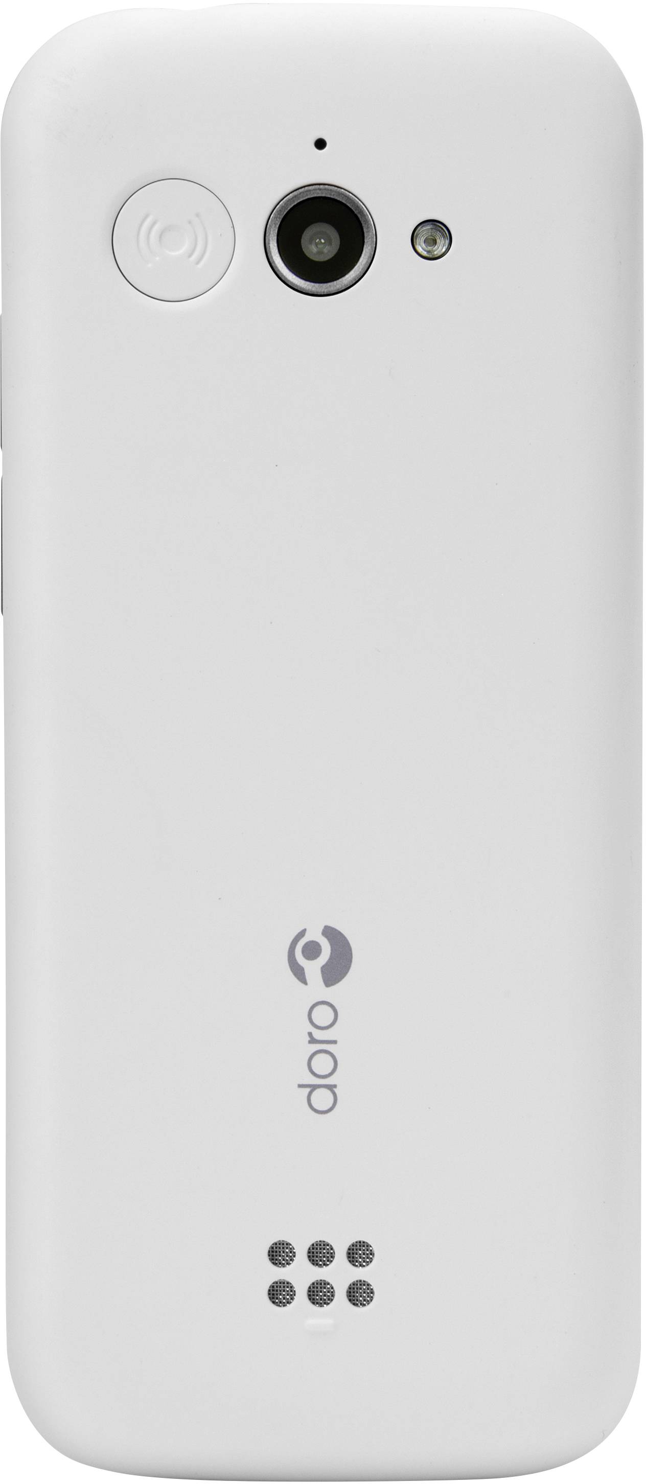 Dos d'un téléphone mobile blanc avec caméra, haut-parleur et logo.