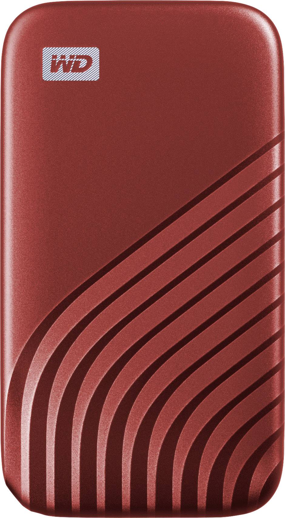 Disque dur externe avec le logo WD et un motif de lignes courbes sur la face avant.