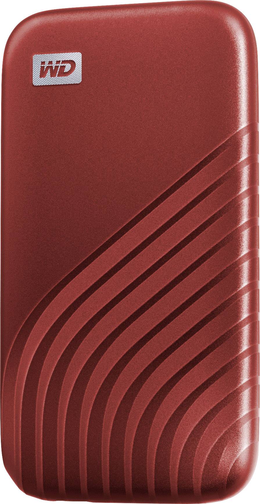 Disque dur externe rouge aux bords arrondis et au motif de design incurvé sur la surface, logo de marque en haut à gauche.