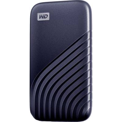 Disque SSD externe avec boîtier bleu et design de rayures diagonales, adapté au stockage et à la sauvegarde de données.