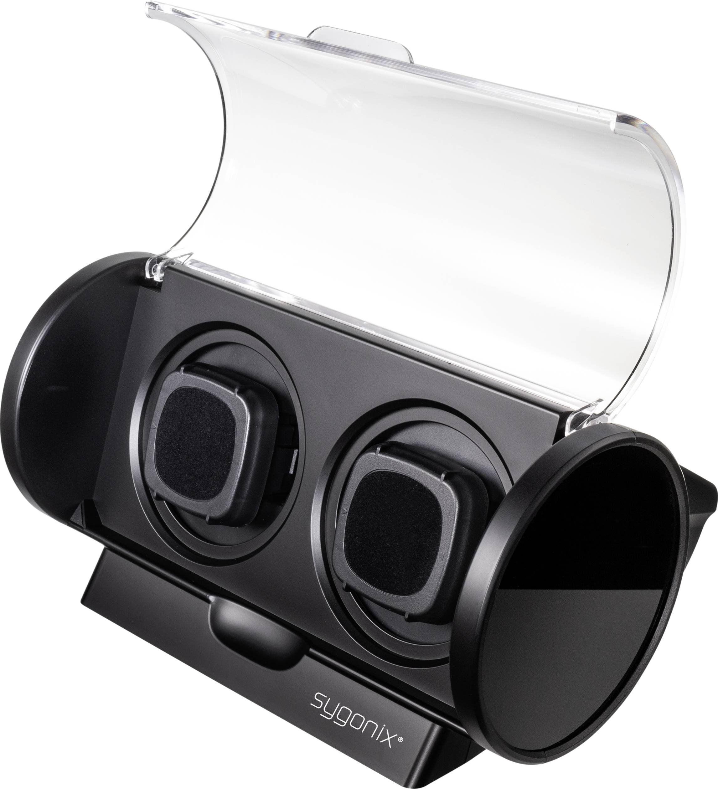 Chargeur noir, ovale, avec deux stations de charge rondes et un couvercle rabattable, portant la mention 'sygonix' sur la face avant.