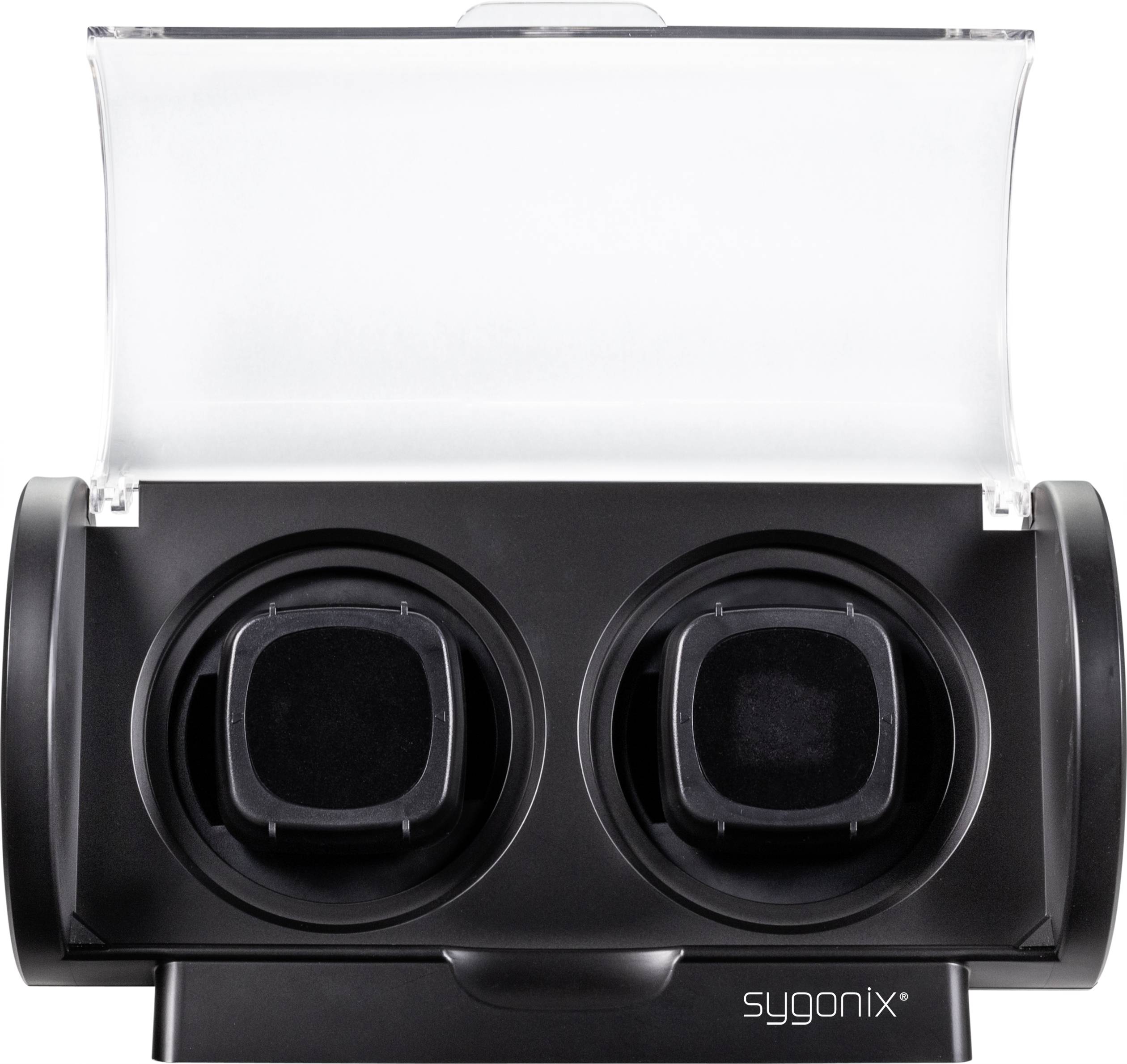 Remontoir de montre en matériau noir avec couvercle transparent. Deux supports de montres côte à côte, adapté pour le rangement des montres automatiques.