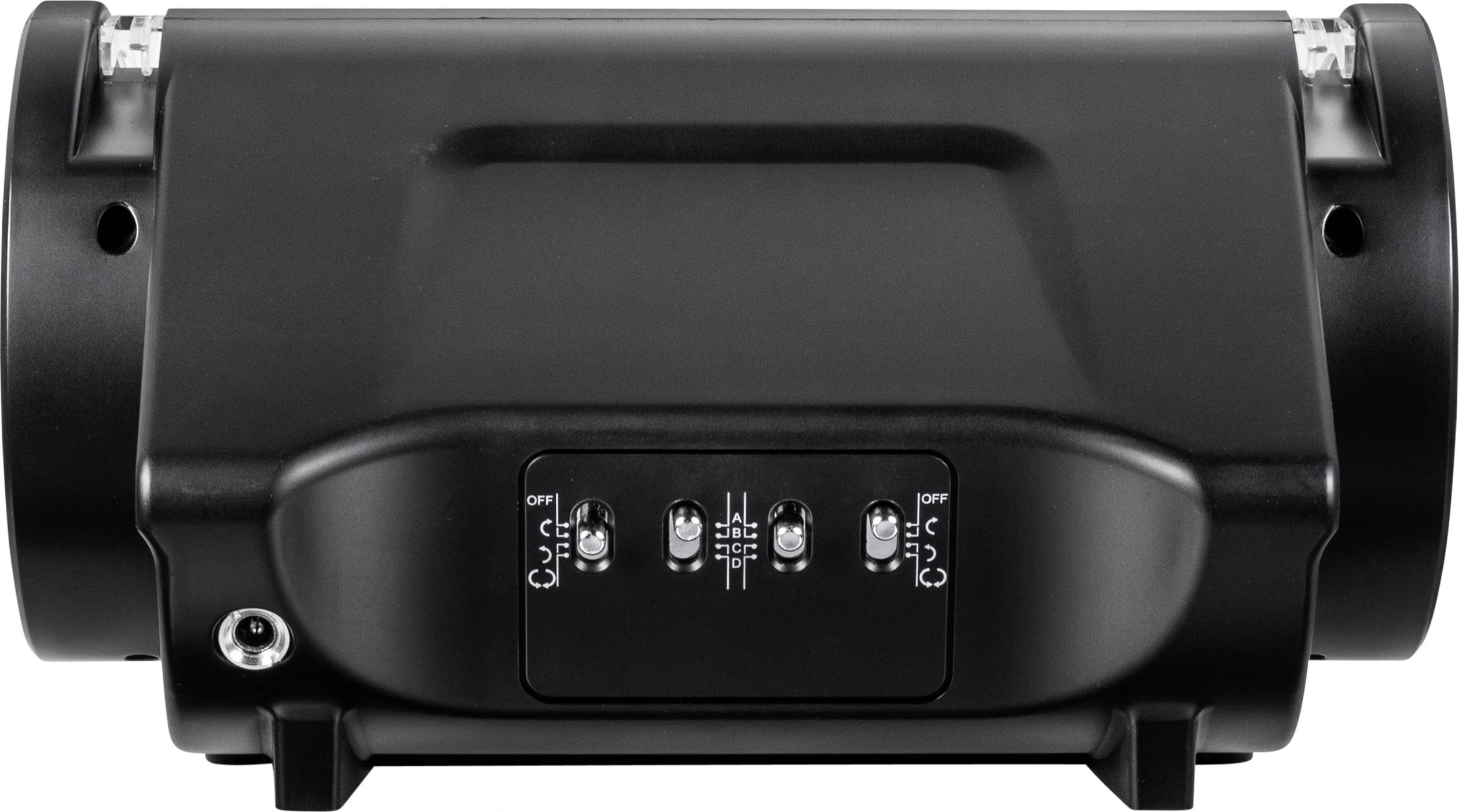 Haut-parleur noir avec trois interrupteurs au centre de la face avant, pour les fonctions marche/arrêt. Design compact et robuste.