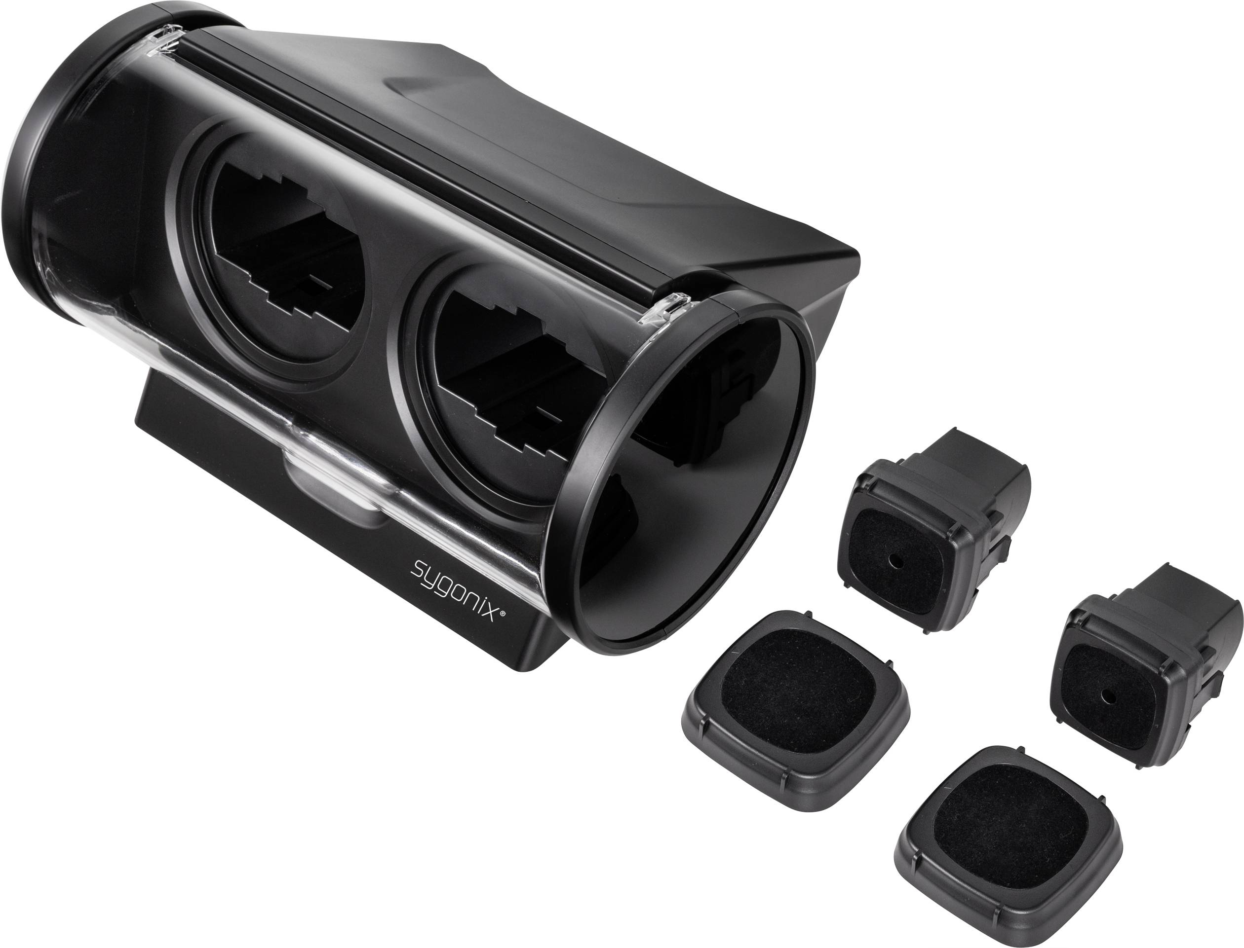 Un allume-cigare noir Sygonix avec deux prises, livré avec des adaptateurs de rechange.