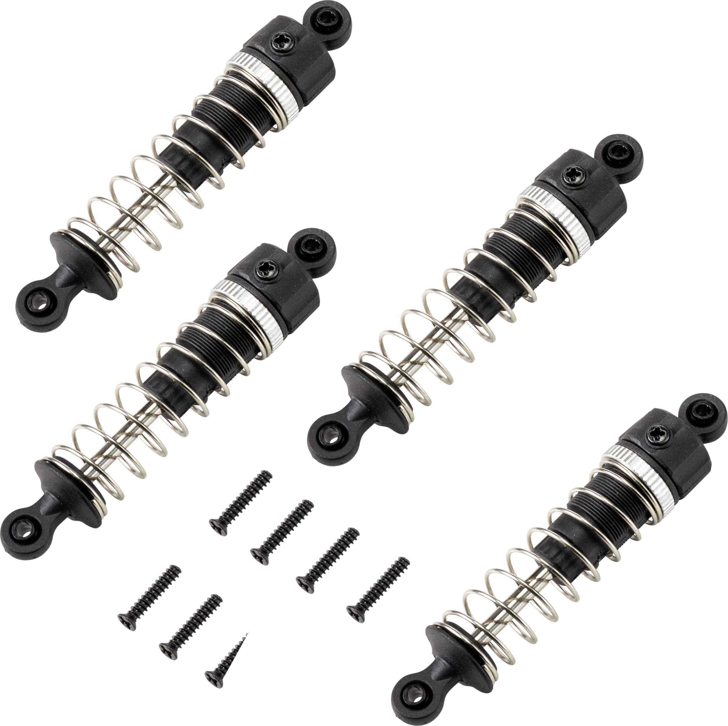 Quatre ressorts métalliques avec des vis sur un fond blanc. Les ressorts sont disposés de manière uniforme, avec quatre vis assorties pour chacun.