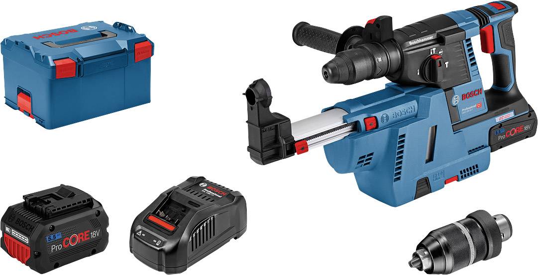 Ensemble de perceuse avec marteau perforateur sans fil, chargeur, batterie, mandrin et mallette de transport. Logo Bosch visible sur les outils.