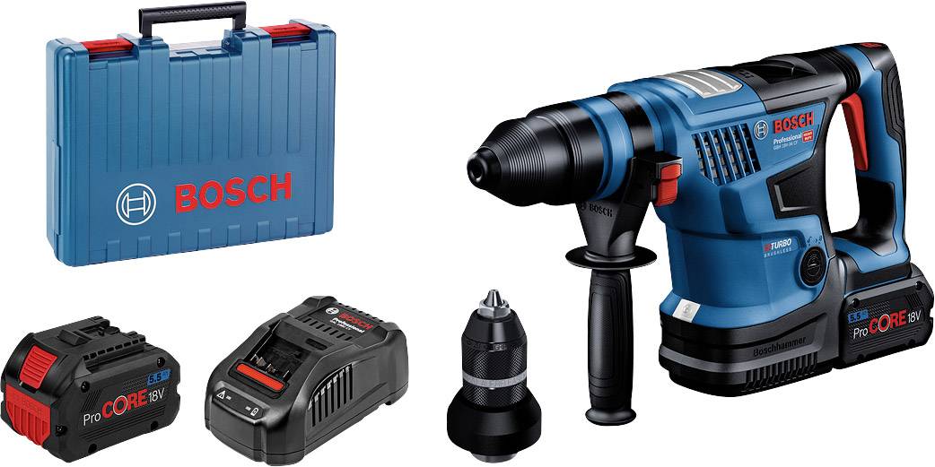 Ensemble de marteau perforateur sans fil Bosch comprenant un marteau perforateur, deux batteries, un chargeur et une mallette de transport, adapté aux travaux de construction et de rénovation.