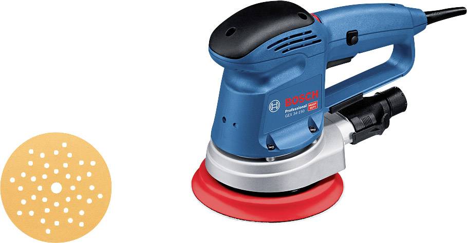 Une ponceuse excentrique Bosch bleue avec un plateau de ponçage rouge et un raccord d'aspiration de poussière, à côté d'un papier de verre.