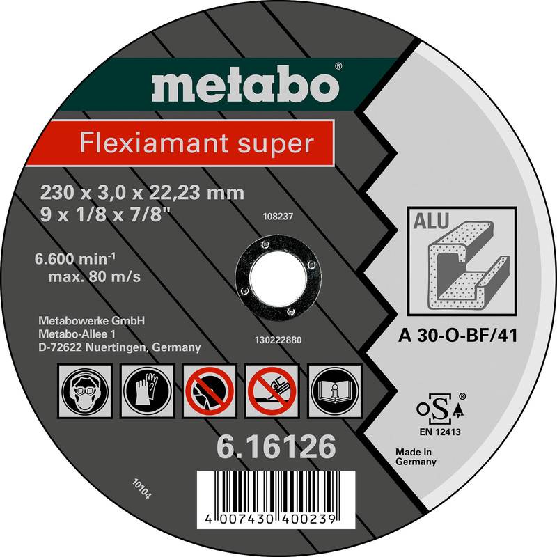 Disque de coupe Metabo Flexiamant super pour l'aluminium, 230 x 3,0 x 22,23 mm, vitesse maximale 6 600 tr/min et 80 m/s.