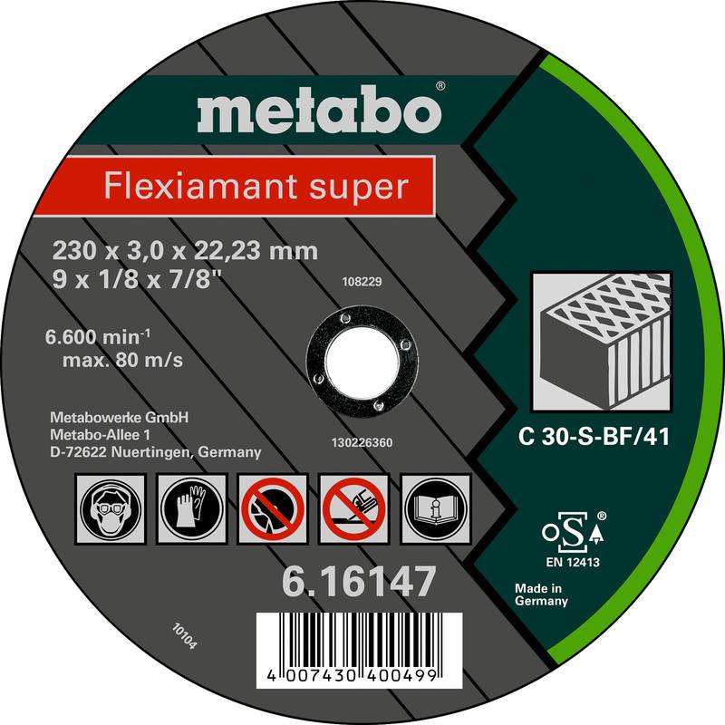 Disque de coupe Metabo Flexiamant super rond montrant la taille 230 x 3,0 x 22,23 mm, régime maximal 6600 tr/min, et icônes de sécurité.