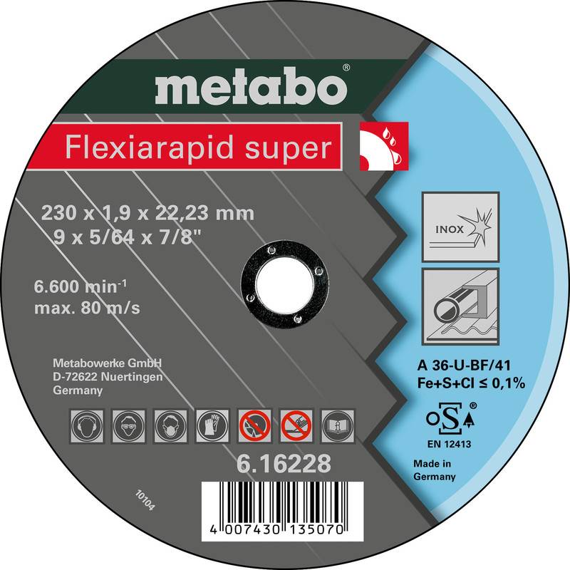 Étiquette de disque de coupe circulaire Metabo Flexiarapid super montrant les dimensions 230 x 1,9 x 22,23 mm, régime maximal 6 600 tr/min, pour l'acier inoxydable et le métal.