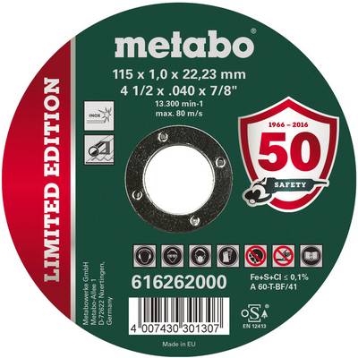 Emballage du disque de coupe abrasif édition limitée Metabo, affichant la taille 115 x 1,0 x 22,23 mm, régime maximal de 13 300 tr/min, et un badge anniversaire 50 Safety.