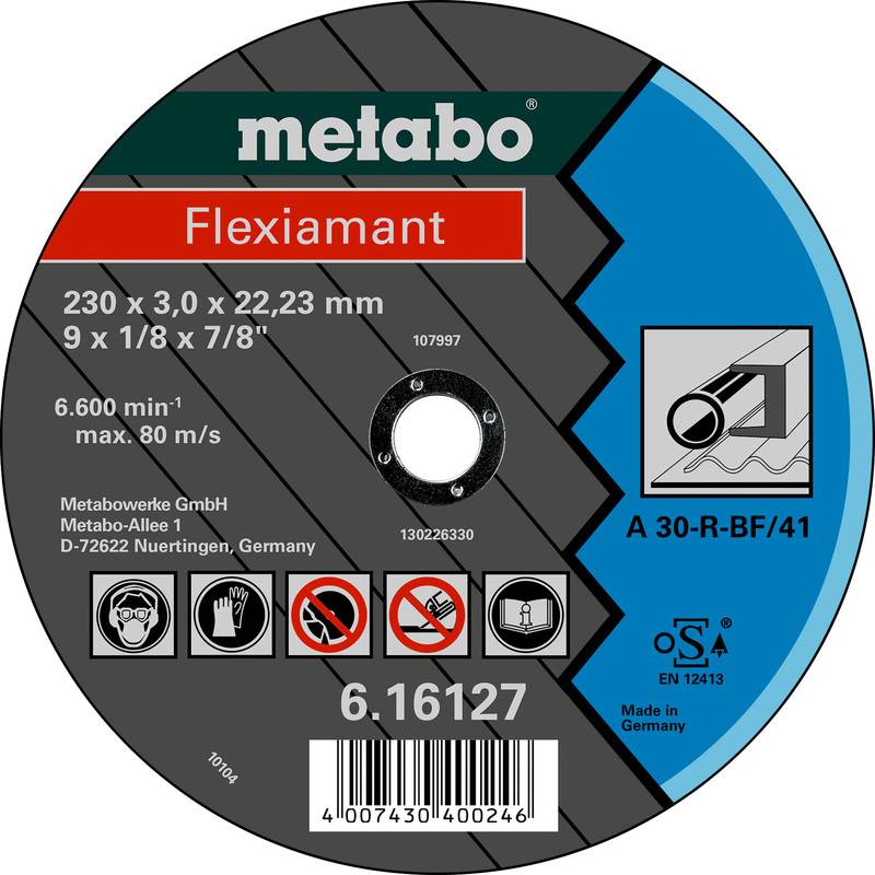 Disque meuleuse Metabo Flexiamant avec étiquette indiquant les dimensions 230 x 3,0 x 22,23 mm, vitesse maximale 6 600 tr/min et symboles de sécurité.