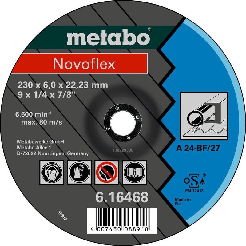 Étiquette de disque de coupe Metabo Novoflex affichant la taille 230 x 6,0 x 22,23 mm, vitesse max 80 m/s, code produit 6.16468, avec code-barres et icônes de sécurité.
