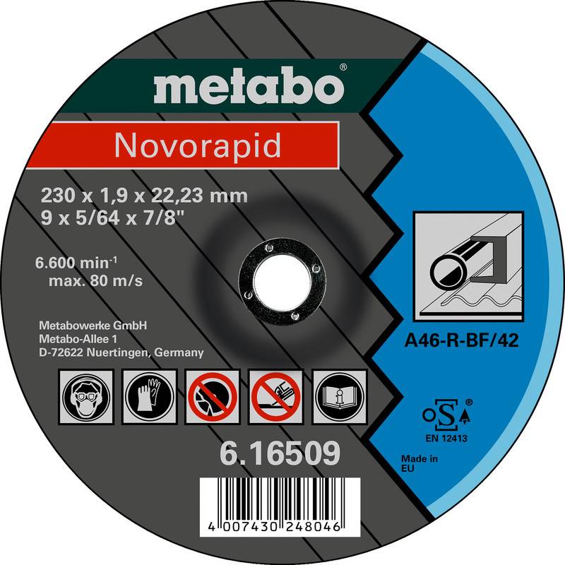 Étiquette de disque de coupe Metabo Novorapid indiquant la taille 230 x 1,9 x 22,23 mm, vitesse maximale 80 m/s, code produit 6.16509 et code-barres.