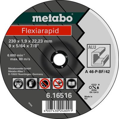 Disque de coupe Metabo Flexiarapid pour aluminium, dimensions 230 x 1,9 x 22,23 mm, régime maximal 6 600 tr/min, et pictogrammes de sécurité.