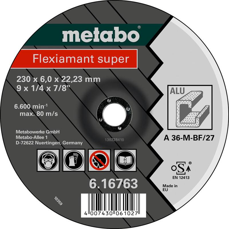Étiquette de disque de coupe Metabo Flexiamant super rond montrant la taille 230 x 6,0 x 22,23 mm, pour l'aluminium, avec code-barres et icônes de sécurité.