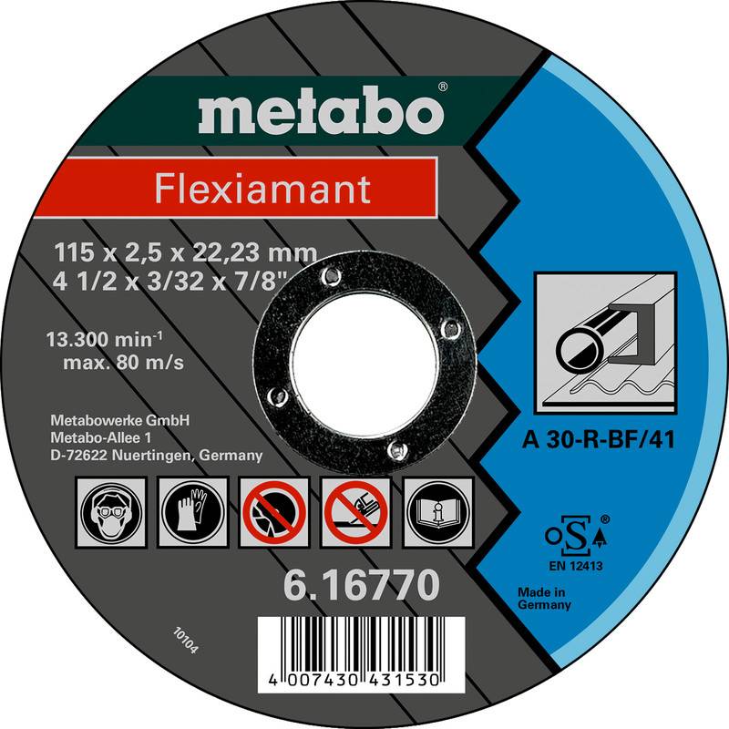 Meule abrasive Metabo Flexiamant pour meulage montrant les dimensions 115 x 2,5 x 22,23 mm, vitesse maximale 13 300 tr/min, et code produit 6.16770.