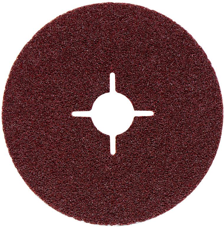 Disque de ponçage circulaire bordeaux avec trou central et découpe en croix à quatre fentes.