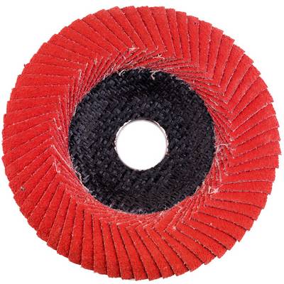 Gros plan d'un disque abrasif de meulage circulaire rouge et noir avec un trou central sur un fond blanc.