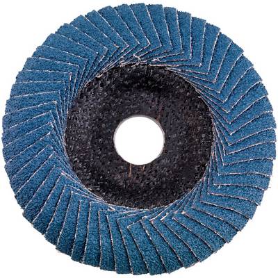 Disque de ponçage circulaire bleu avec un rabat central, vu de dessus sur un fond blanc.