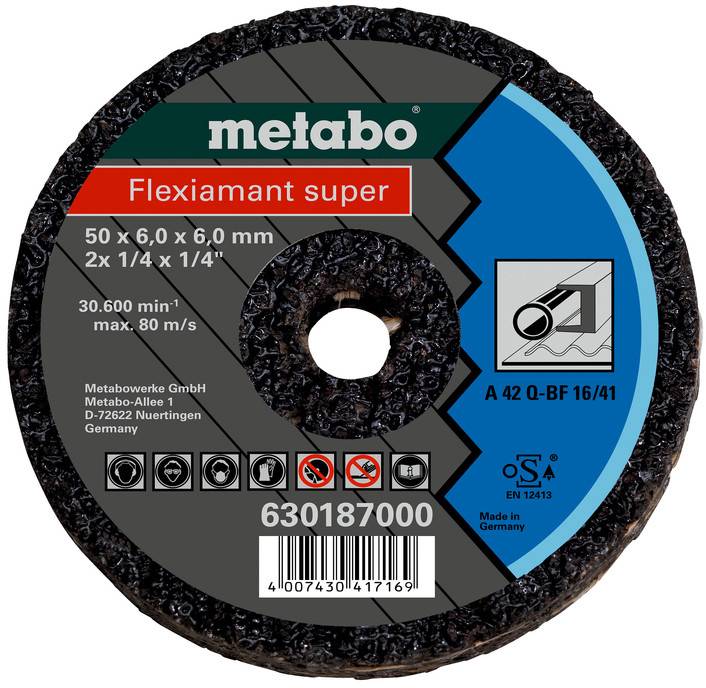 Disque de coupe Metabo Flexiamant super pour 50 x 6,0 x 6,0 mm ; affiche les spécifications du produit, les pictogrammes de sécurité et le code-barres.