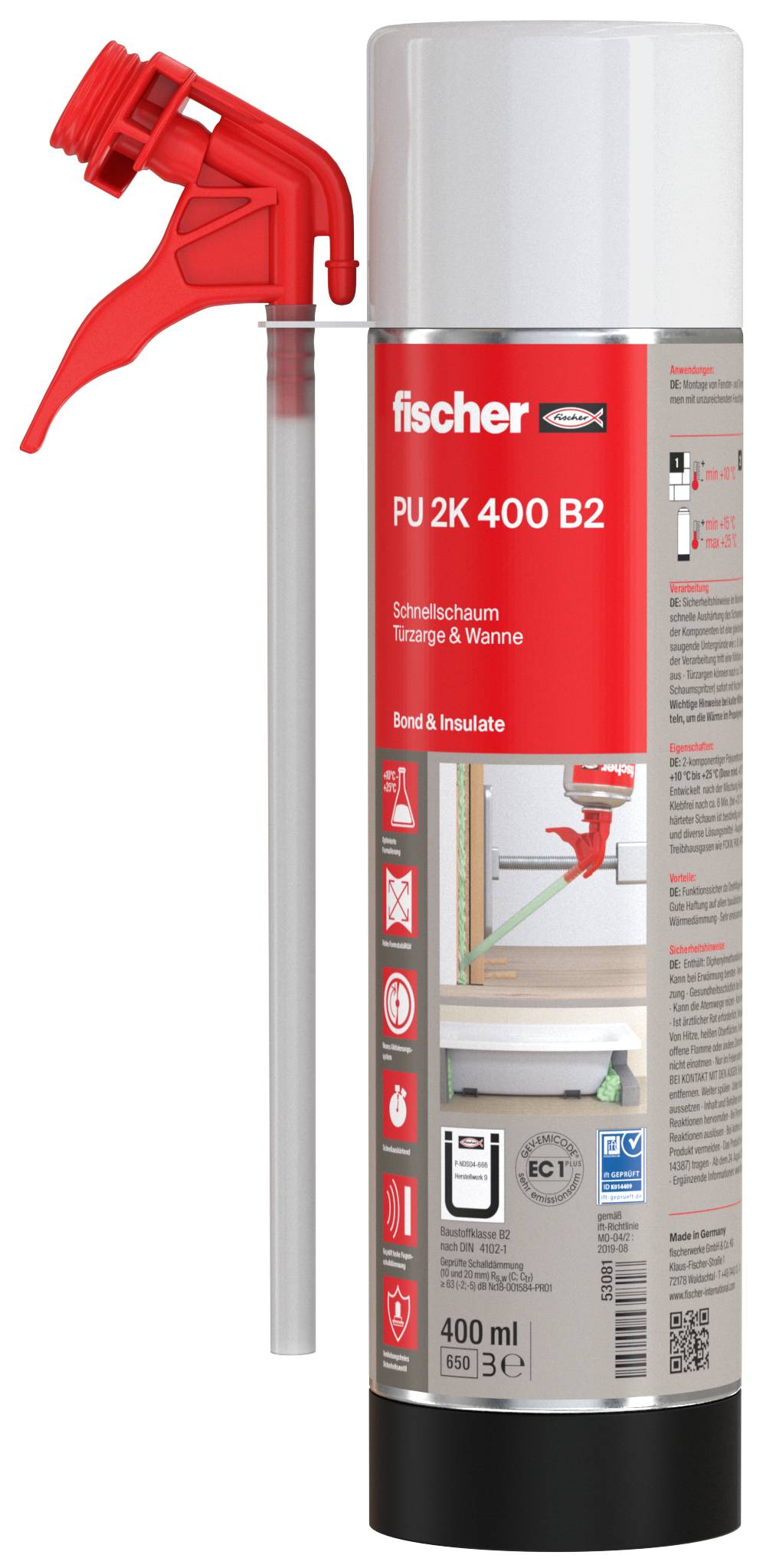 Image d'un bidon de mousse isolante Fischer PU 2K 400 B2 avec pistolet de pulvérisation rouge et tube applicateur attaché.