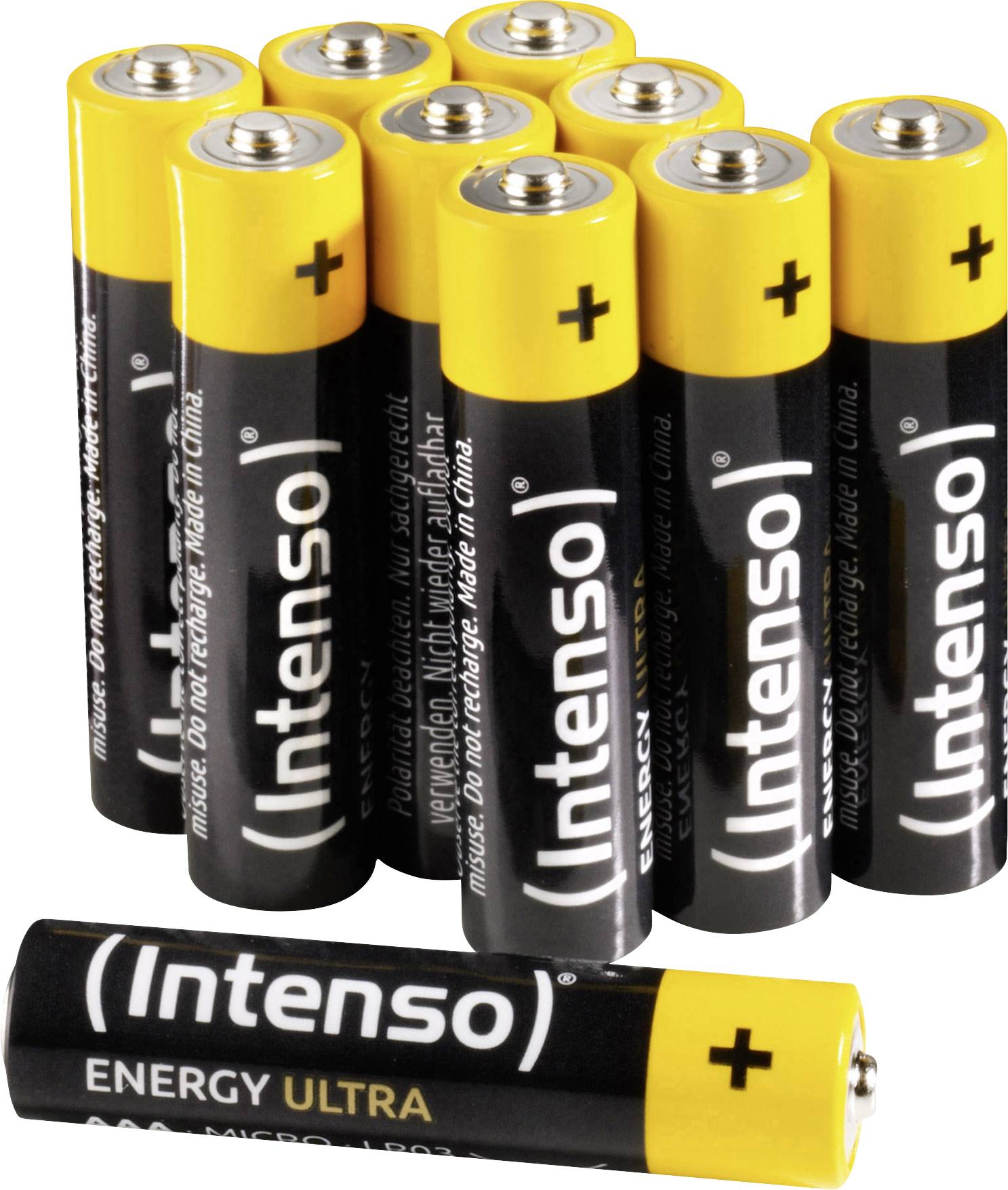 Un groupe de piles AA jaunes et noires de la marque 'Intenso' est dressé verticalement, tandis qu'une pile unique est posée à l'avant.