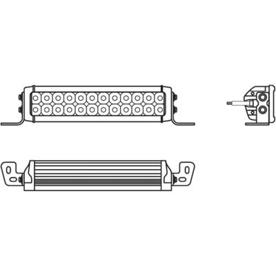 'Dessin technique d'une barre de LED avec supports, vue de face et de côté, montrant la disposition circulaire des LED et les détails de connexion.'